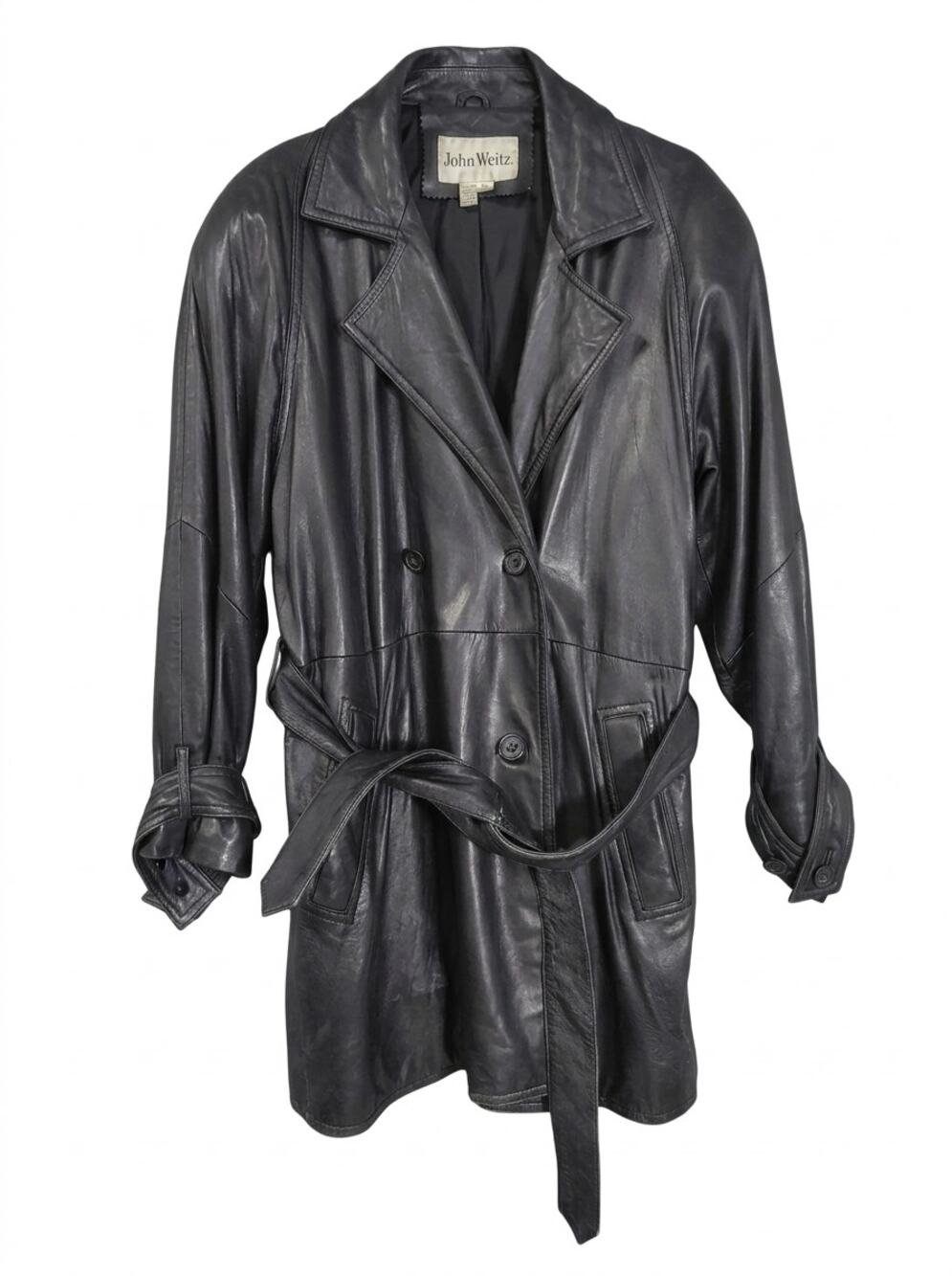 John Weitz 100% Leather Black Lined Collared Trench Coat Jacket Men Size S